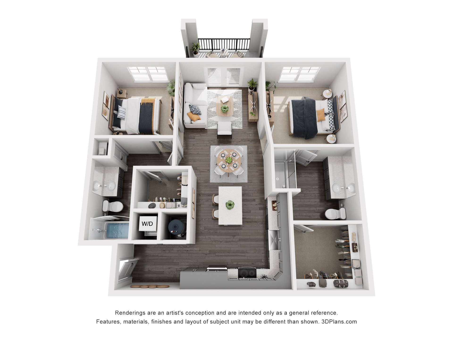 Floor plan for 2 beds, 2 baths, 1003 sqft